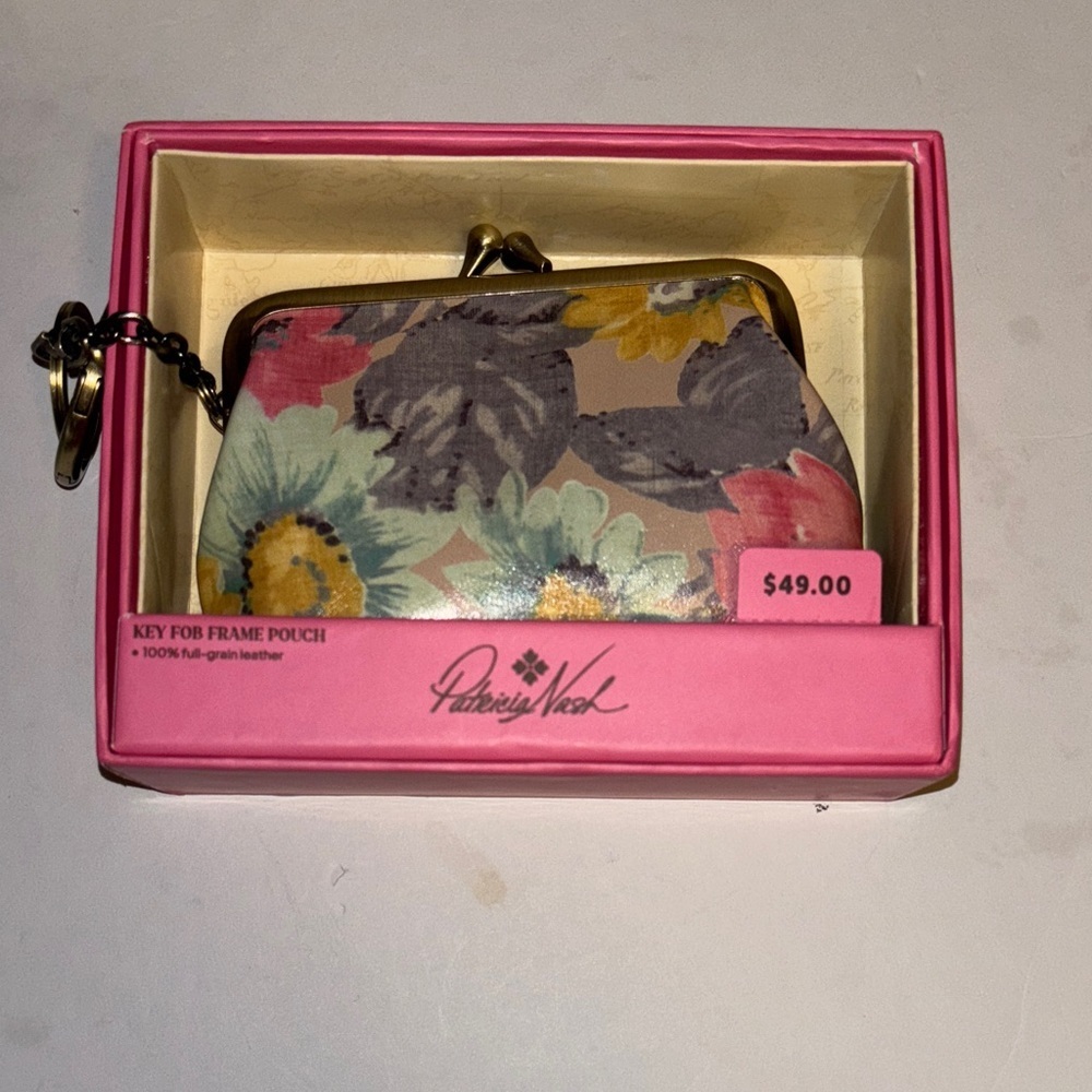 PATRICIA NASH MULTICOLOR FLORAL FRAME POUCH WITH KEY RINGS GENUINE LEATHER NEW - Picture 3 of 14